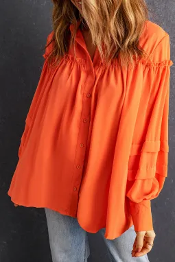 橙色褶边饰边泡泡袖衬衫