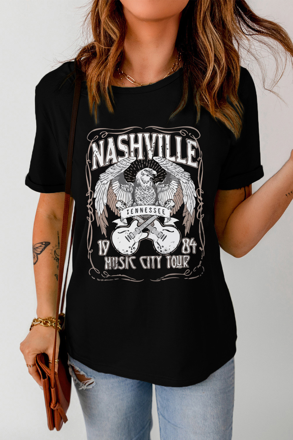 黑色 NASHVILLE 老鹰吉他图案印花短袖 T 恤 LC25220157