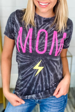 灰色 MOM 闪电图案扎染印花 T 恤