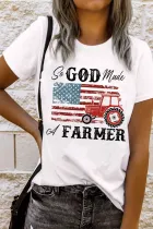 白色休闲字母标语美国国旗卡车图案 T 恤