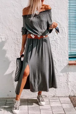 灰色平行绉缝露肩长连衣裙