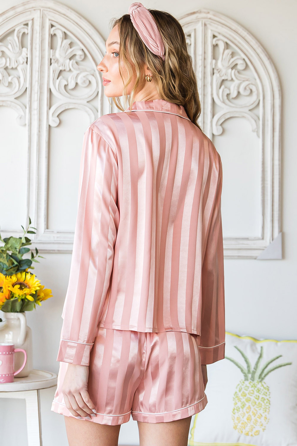 粉色条纹印花纽扣衬衫和抽绳短裤休闲套装 LC15420