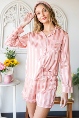 粉色条纹印花纽扣衬衫和抽绳短裤休闲套装