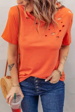 橙色圆领短袖破洞设计休闲女士T恤衫