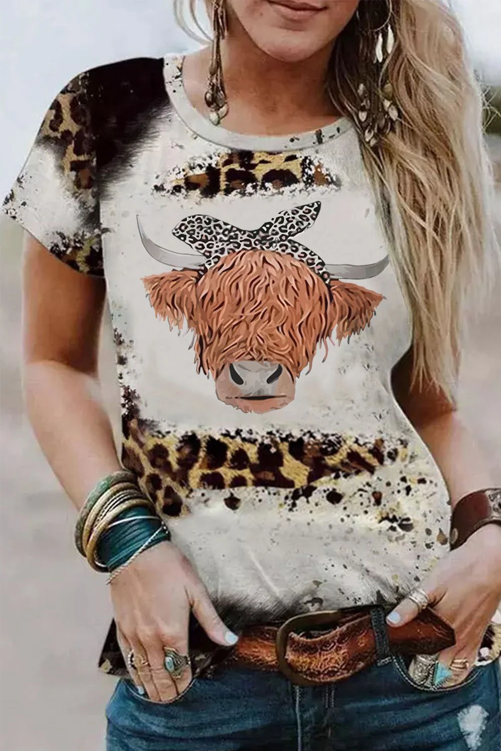 豹纹西部牛头印花短袖 T 恤 LC25219913