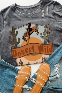灰色 Desert Wild Cowboy Cactus 印花短袖图案 T 恤