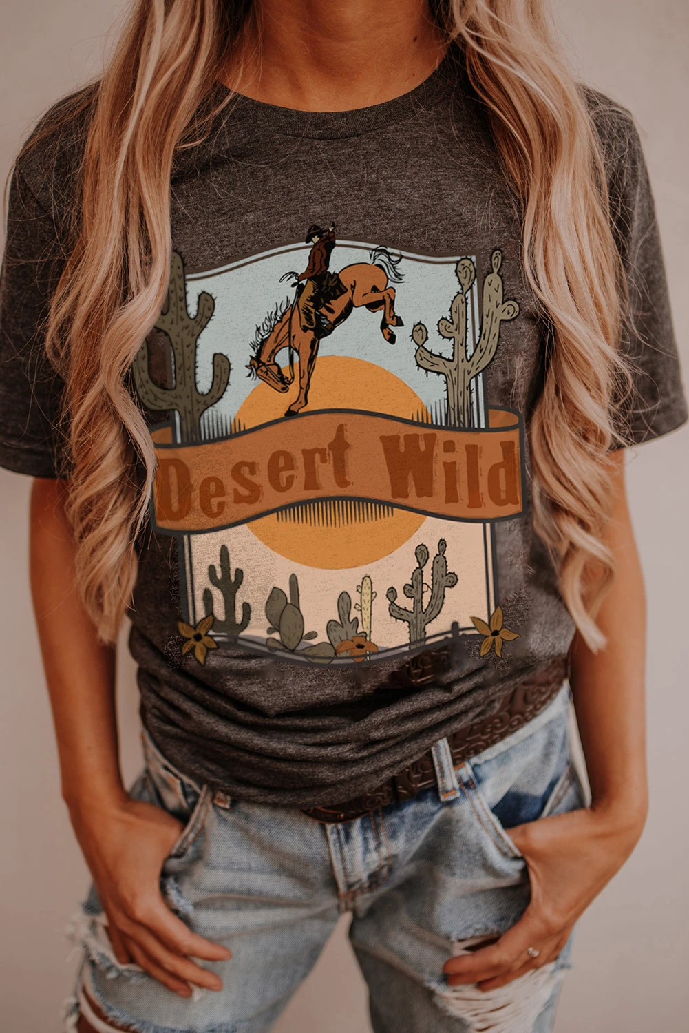 灰色 Desert Wild Cowboy Cactus 印花短袖图案 T 恤 LC25220415