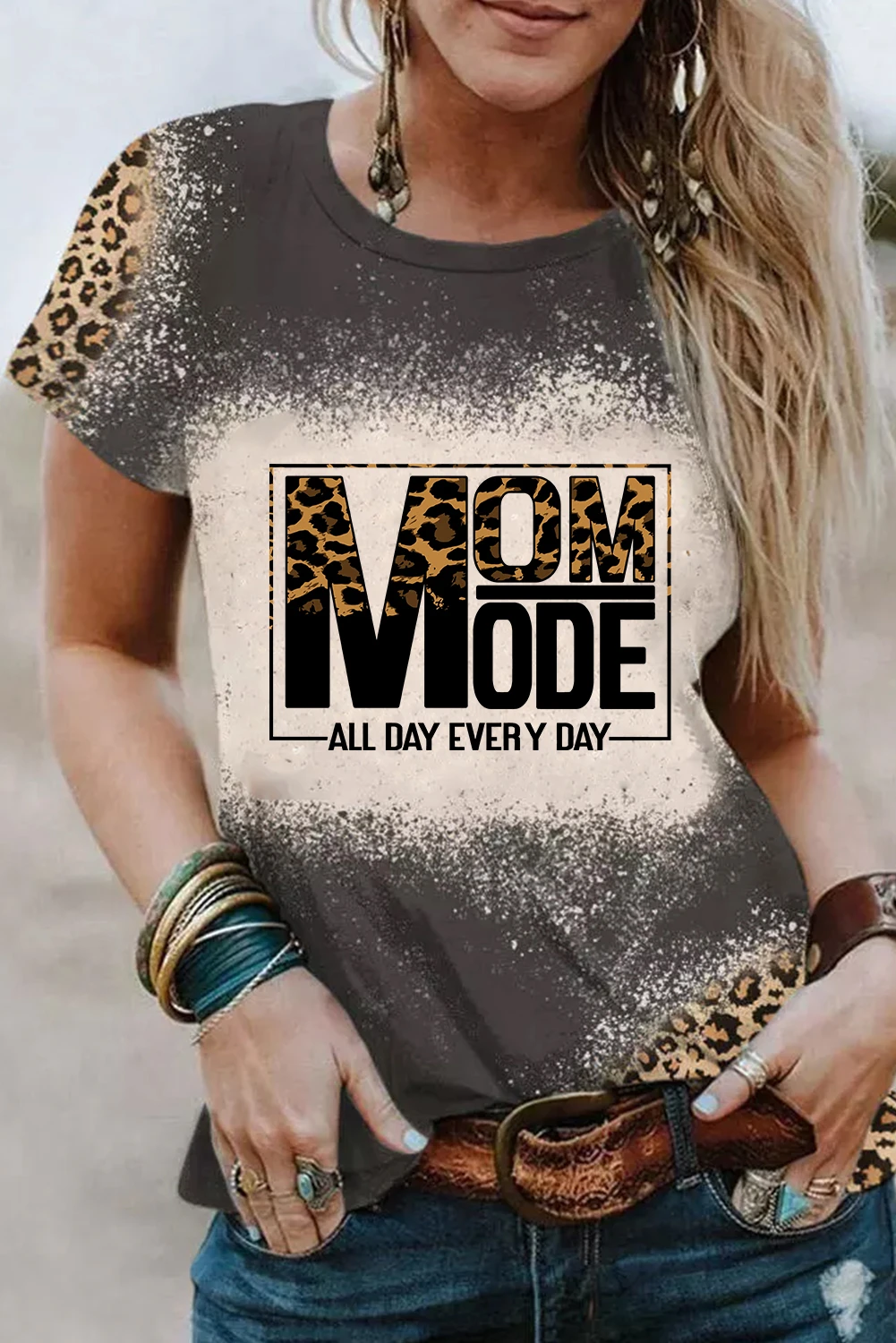 灰色 MOM MODE 豹纹漂白复古图案 T 恤 LC25220330