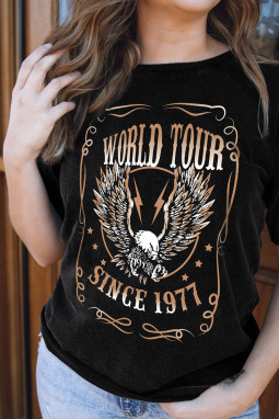 黑色 WORLD TOUR SINCE 1977 鹰印花图案 T 恤