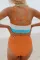 橙色拼色细肩带高腰比基尼泳装