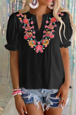 黑色花卉刺绣荷叶边泡泡袖衬衫