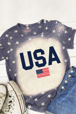 蓝色星星USA美国国旗印花漂白 T 恤