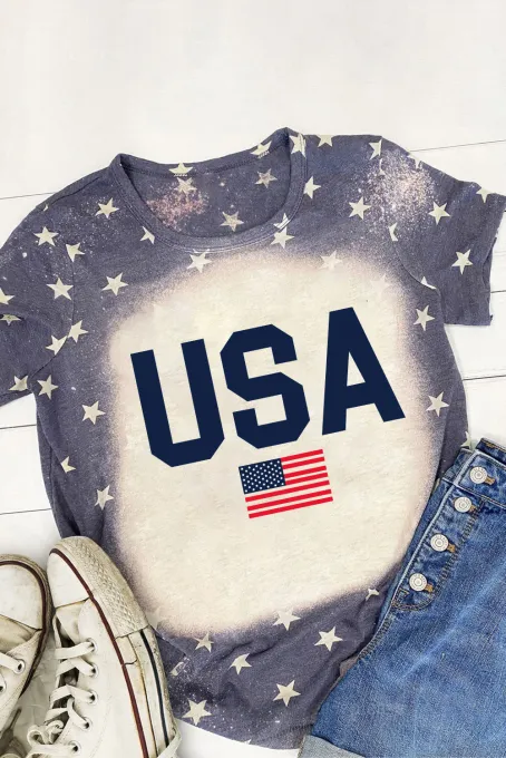 蓝色星星USA美国国旗印花漂白 T 恤
