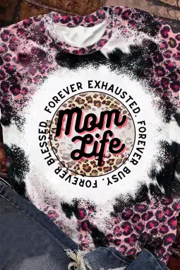 粉色 Mom Life 字母豹纹漂白图案 T 恤