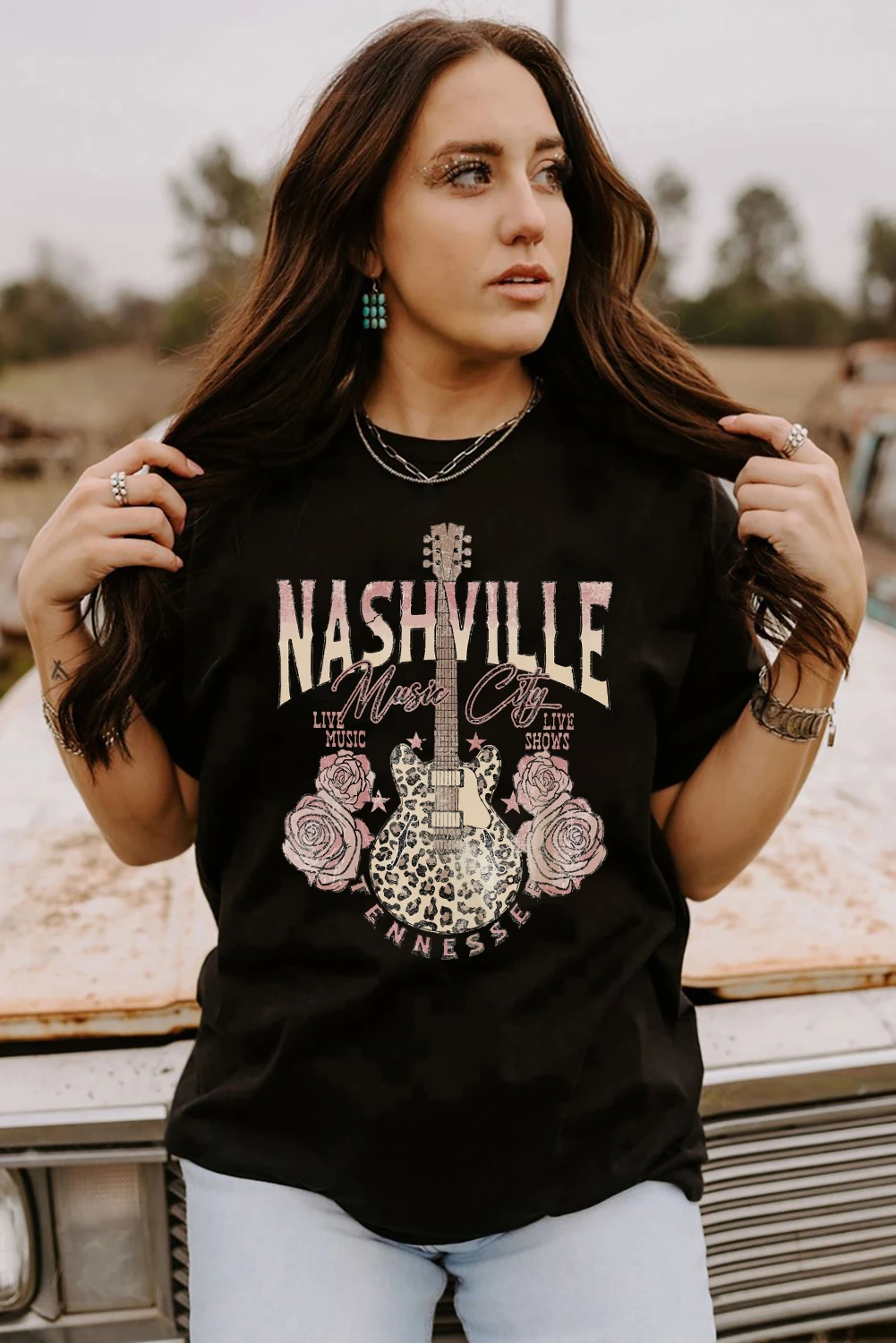 黑色 Nashville 豹纹吉他玫瑰印花短袖 T 恤 LC25220479