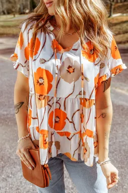橙色花卉印花褶边领层叠娃娃装衬衫