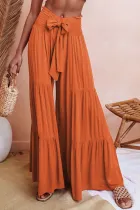 橙色抽褶腰部叠层阔腿裤
