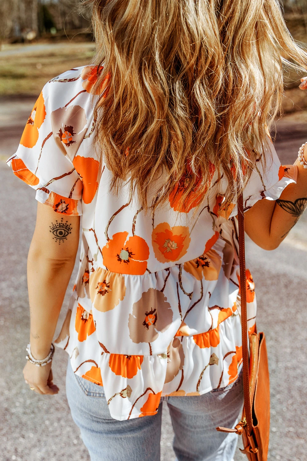 橙色花卉印花褶边领层叠娃娃装衬衫 LC25118459