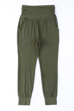 绿色高腰褶裥口袋打底裤
