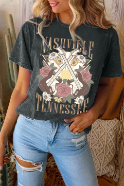 黑色 NASHVILLE TENNESSEE 吉他花朵图案 T 恤