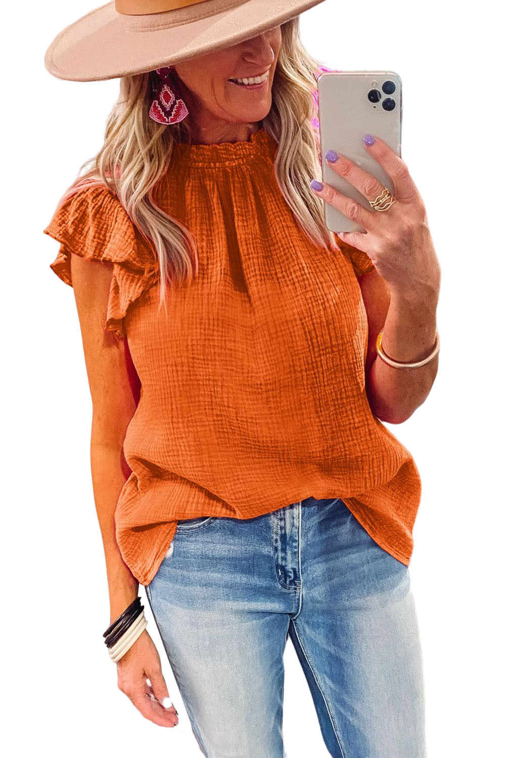 橙色时尚休闲褶边领口纹理衬衫 LC25119005
