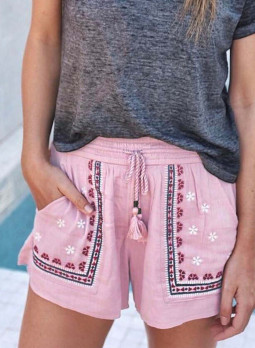 粉色波西米亚风刺绣花卉流苏抽绳腰部休闲短裤