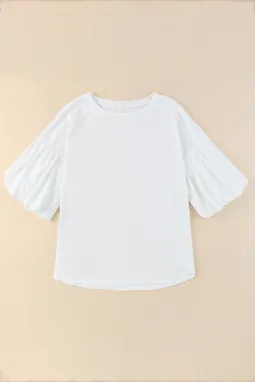 白色时尚休闲泡泡袖圆领衬衫