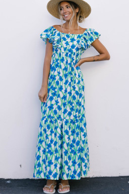 Sky Blue Boho Floral Print Maxi Dress