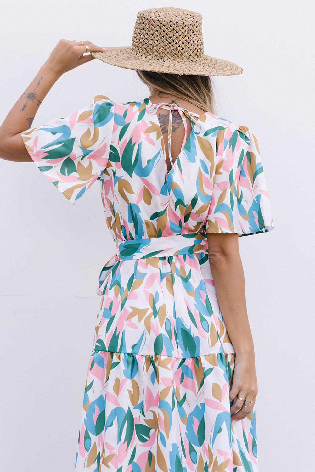 Multicolor V Neck Short Sleeves Boho Tropical Print Long Dress LC6114911
