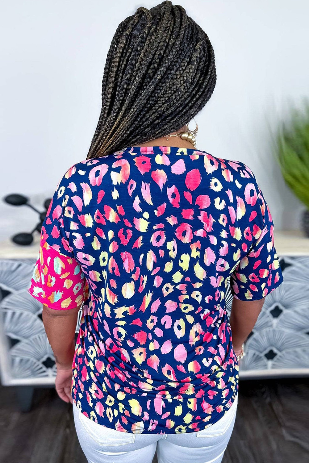 Plus Size Leopard Colorblock Short Sleeve Top PL252186