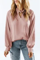 粉色 Twist 高领泡泡袖缎面衬衫