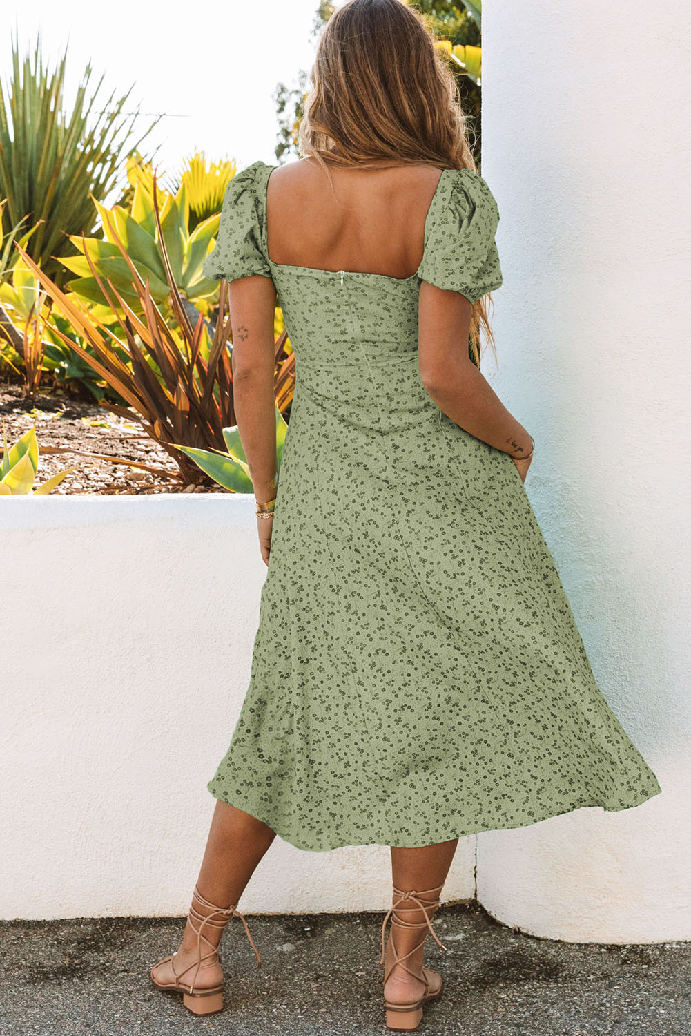 Green Square Neck Puff Short Sleeve Boho Flower Long Dress LC6114105