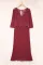 红色蕾丝扇形 V 领 3/4 袖百褶薄纱长裙