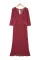 红色蕾丝扇形 V 领 3/4 袖百褶薄纱长裙