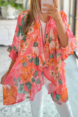 粉色花卉印花荷叶边 3/4 袖宽松版型和服