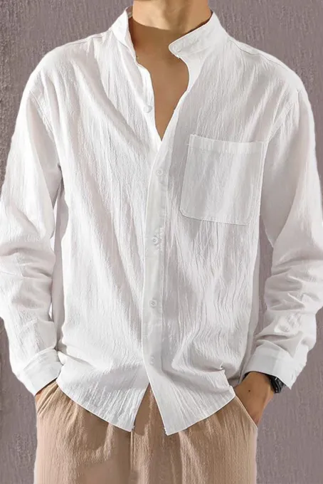 白色简约百搭舒适透气纽扣立领男式衬衫