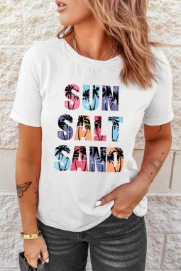 白色椰子树 SUN SALT SAND 图案 T 恤