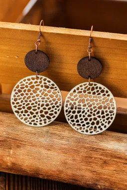 米色镂空木质圆形吊式耳环