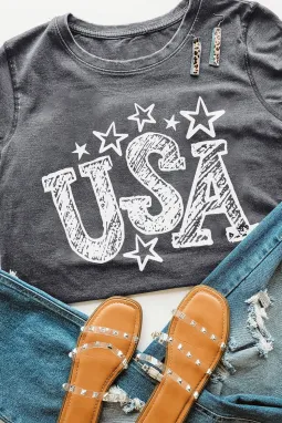 灰色 USA 图案印花短袖休闲 T 恤