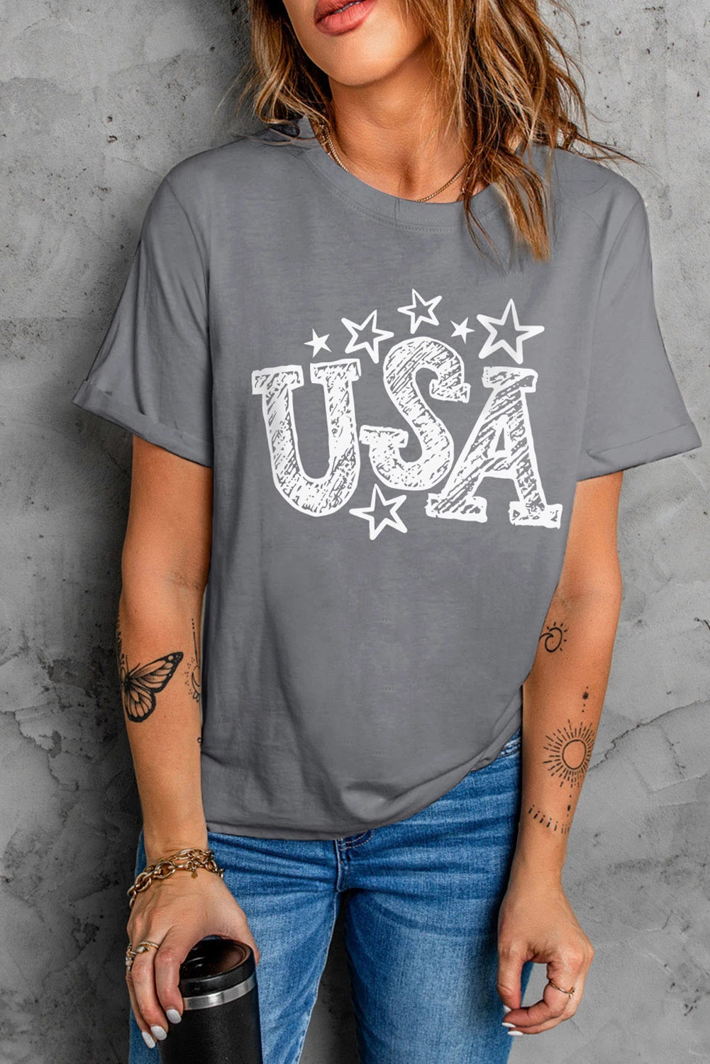 灰色 USA 图案印花短袖休闲 T 恤 LC25220953