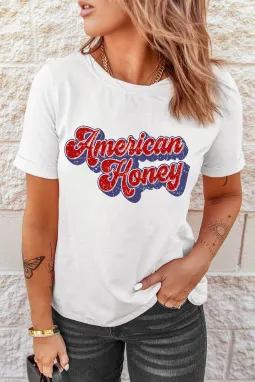 白色休闲字母 America Honey 图案短袖上衣