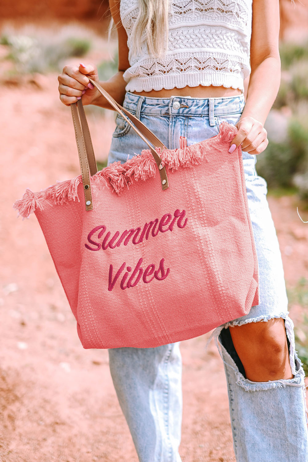 粉色 Summer Vibes 做旧帆布大号托特包 BH03914