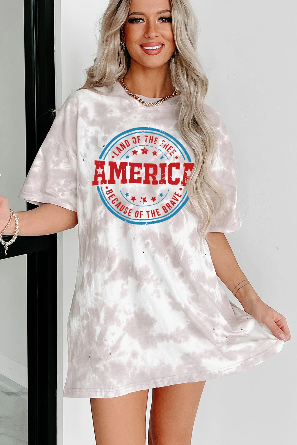 白色做旧大廓形扎染 AMERICA 图案 T 恤 LC25219420