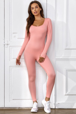 粉色低圆领长袖无缝瑜伽连身裤