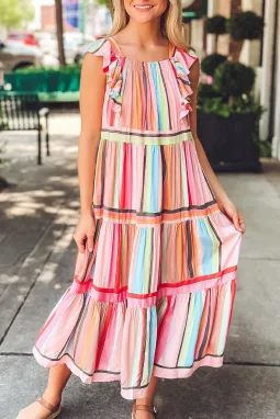 粉红色彩虹条纹荷叶边褶饰层叠连衣裙