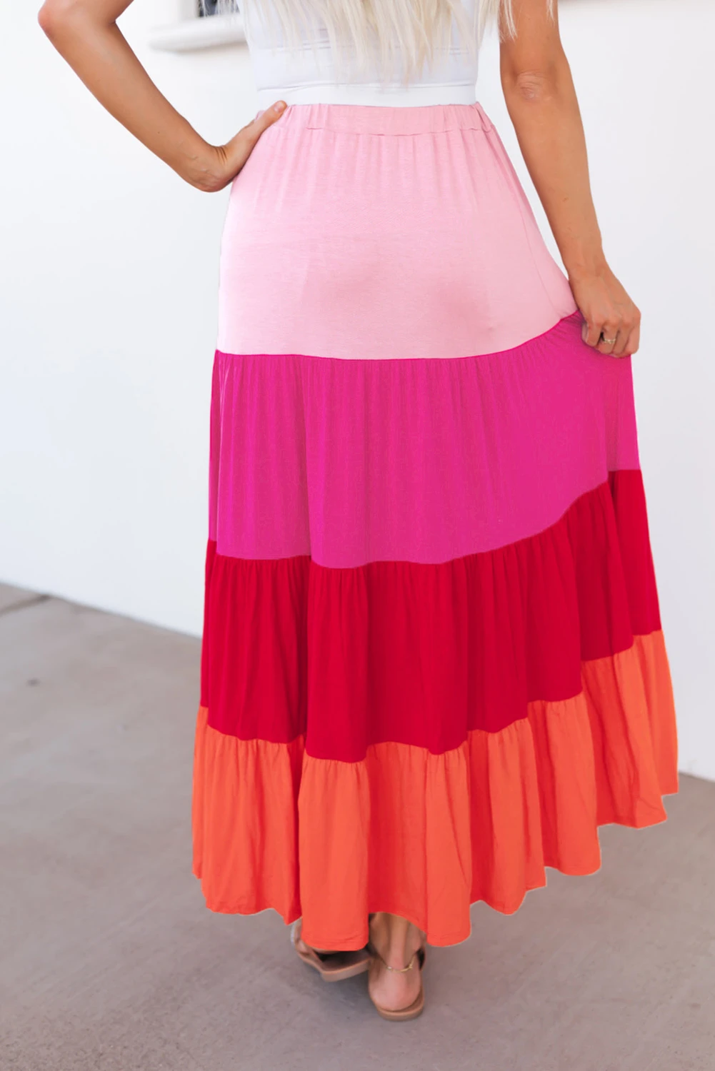 粉色拼色层叠抽绳高腰长裙 LC6113869