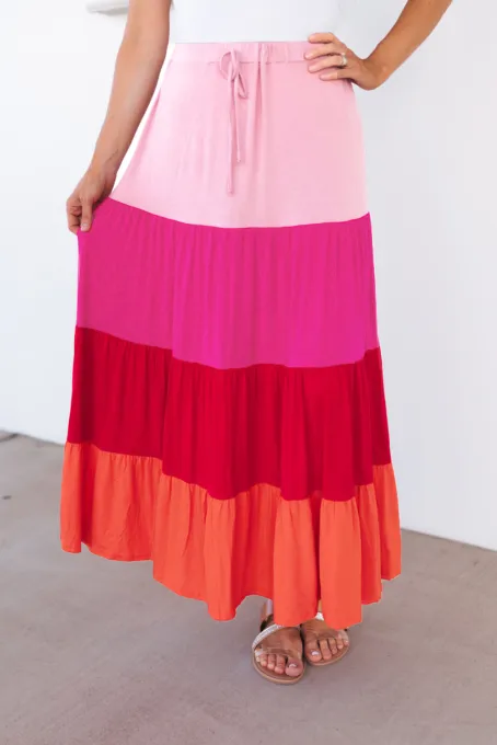 粉色拼色层叠抽绳高腰长裙