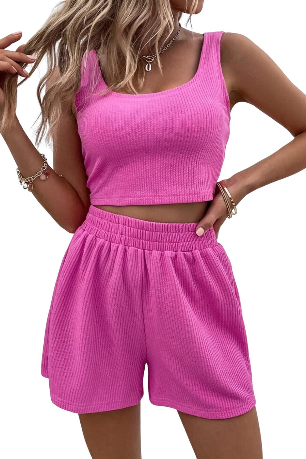 玫粉色罗纹针织无袖九分上衣和松紧腰短裤套装 LC625022
