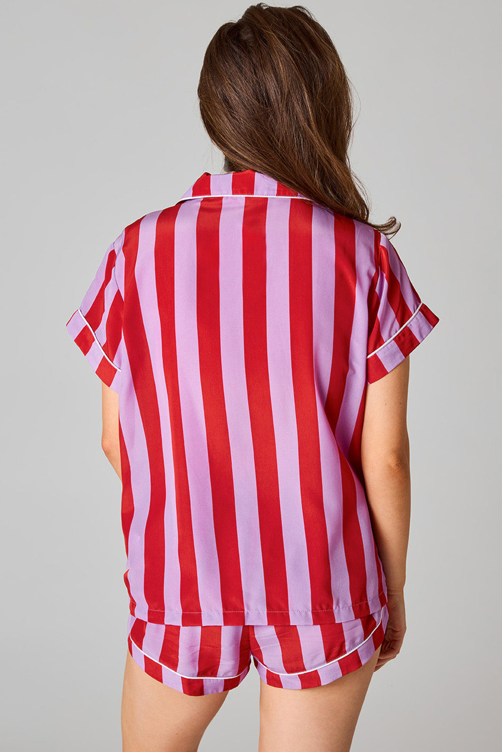 红色拼色条纹短袖睡衣套装 LC15538