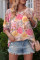 粉色平行绉缝袖口 3/4 袖宽松版型花卉衬衫
